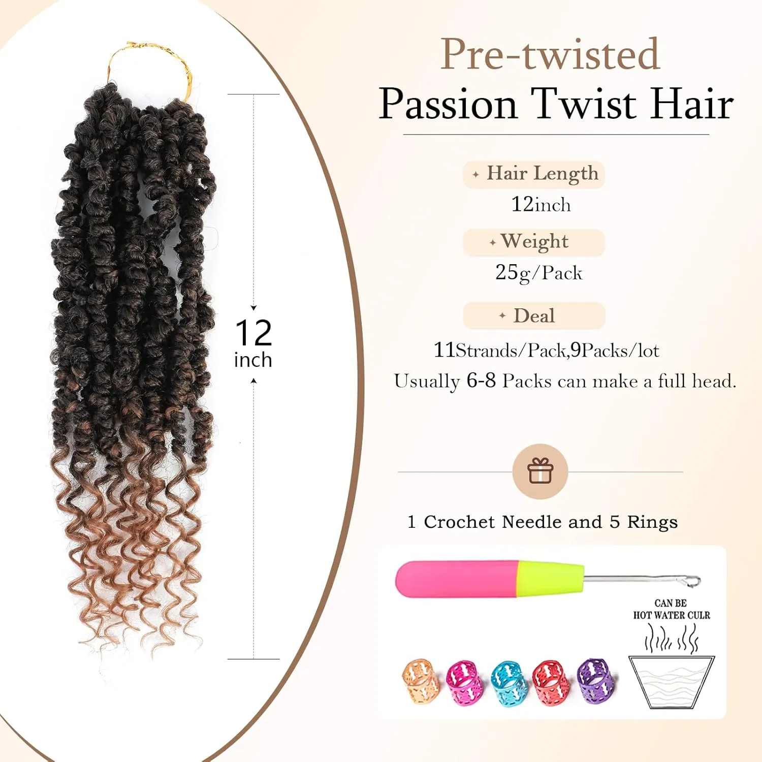 Pre-twisted passion twist hair, 12 Inch 9 Packs Pretwisted Passion Twist Crochet Hair,Soft Pre Looped Curly Ombre Brown Crochet Hair For Black Women,Short Crochet Braids(12",T1B/30#)