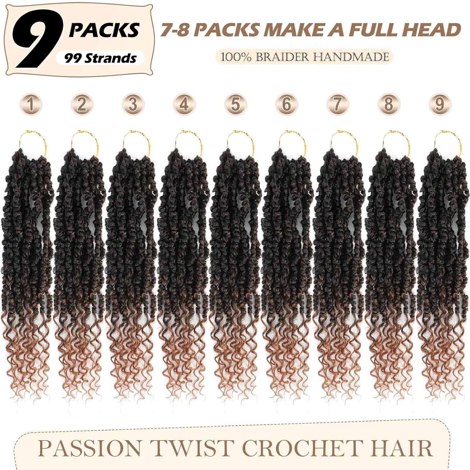 Pre-twisted passion twist hair, 12 Inch 9 Packs Pretwisted Passion Twist Crochet Hair,Soft Pre Looped Curly Ombre Brown Crochet Hair For Black Women,Short Crochet Braids(12",T1B/30#)