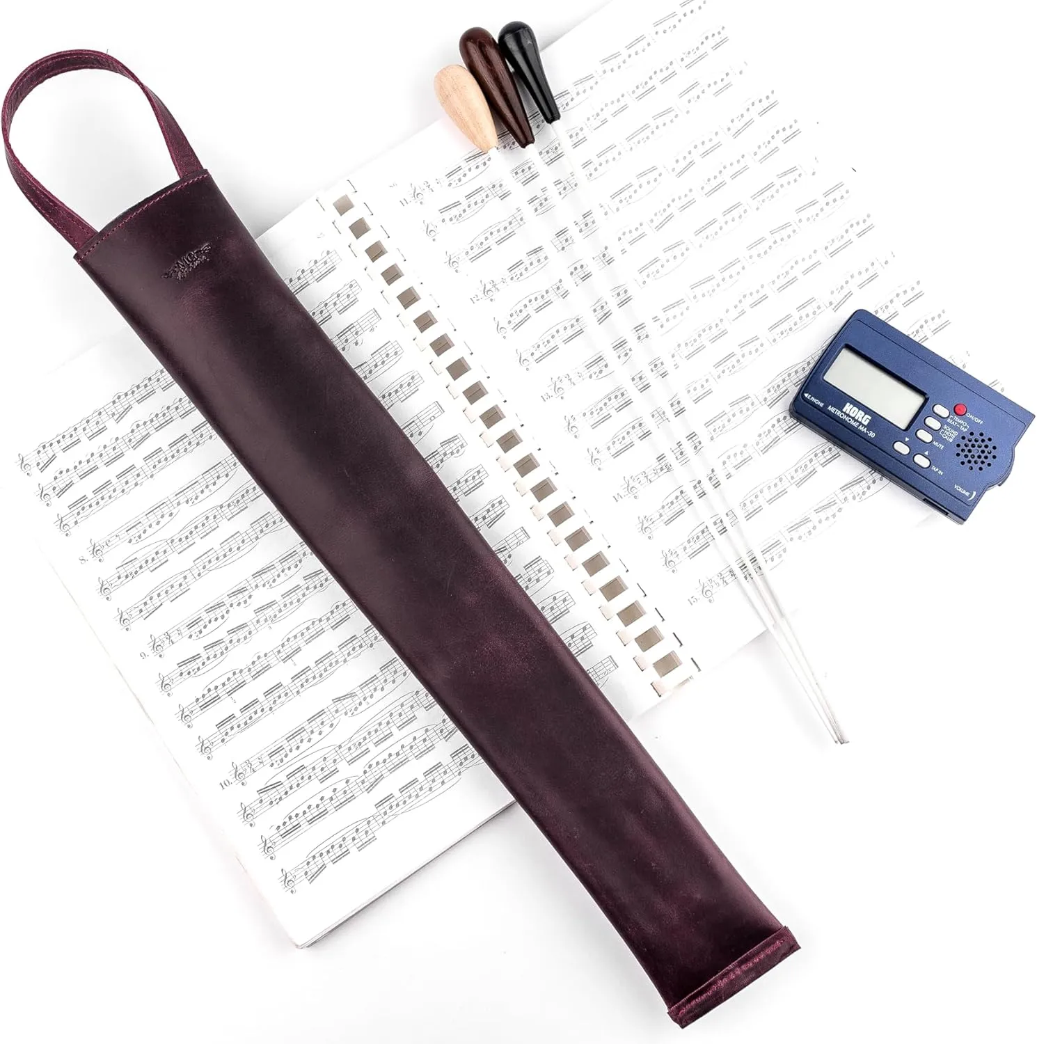Premium Crazy Horse Leather Conductor's Baton Case – Durable & Stylish. Condusctor's baton holder. Baton protection. Accessories for conductors. Baton pouch with handle (Marsala)