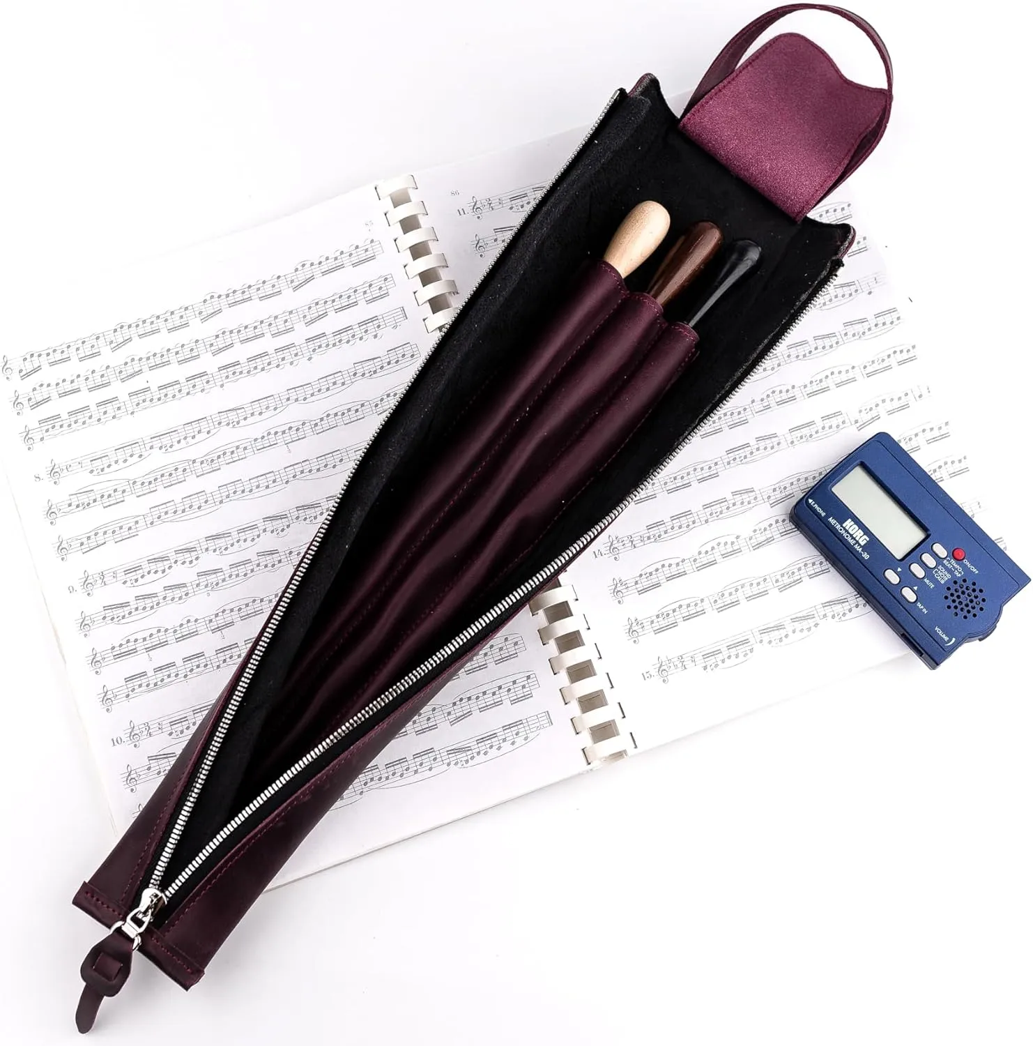 Premium Crazy Horse Leather Conductor's Baton Case – Durable & Stylish. Condusctor's baton holder. Baton protection. Accessories for conductors. Baton pouch with handle (Marsala)