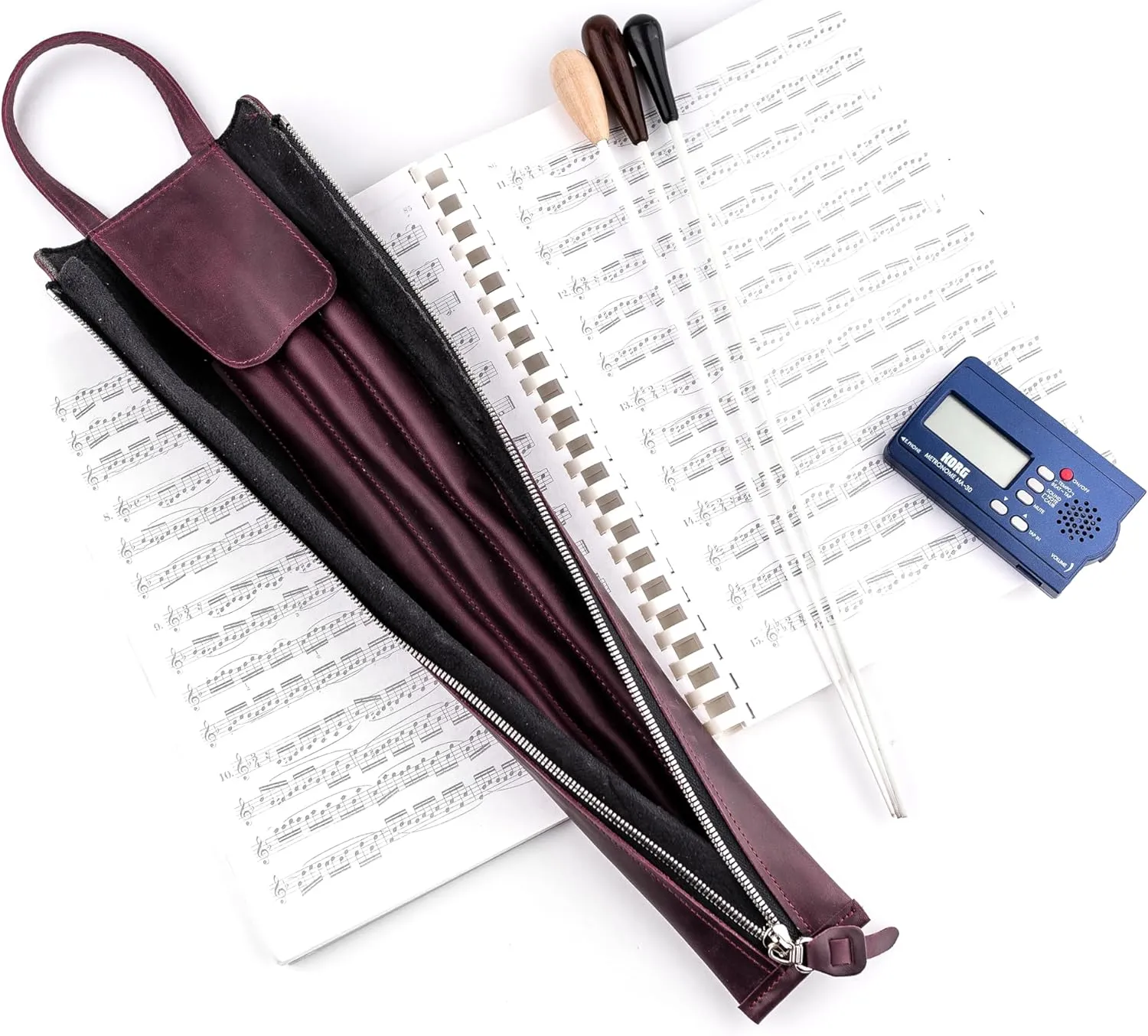 Premium Crazy Horse Leather Conductor's Baton Case – Durable & Stylish. Condusctor's baton holder. Baton protection. Accessories for conductors. Baton pouch with handle (Marsala)
