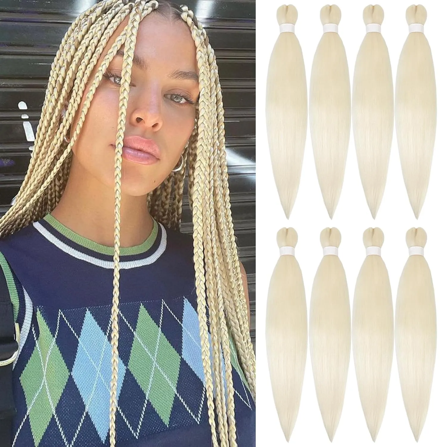 prestretched braiding hair blonde 26 Inch 8 Packs Platinum Blonde Braiding Hair Pre Stretched Professional Synthetic Braids Hair Extension Itch Free Hot Water Setting Yaki Texture (613#, 26inch)