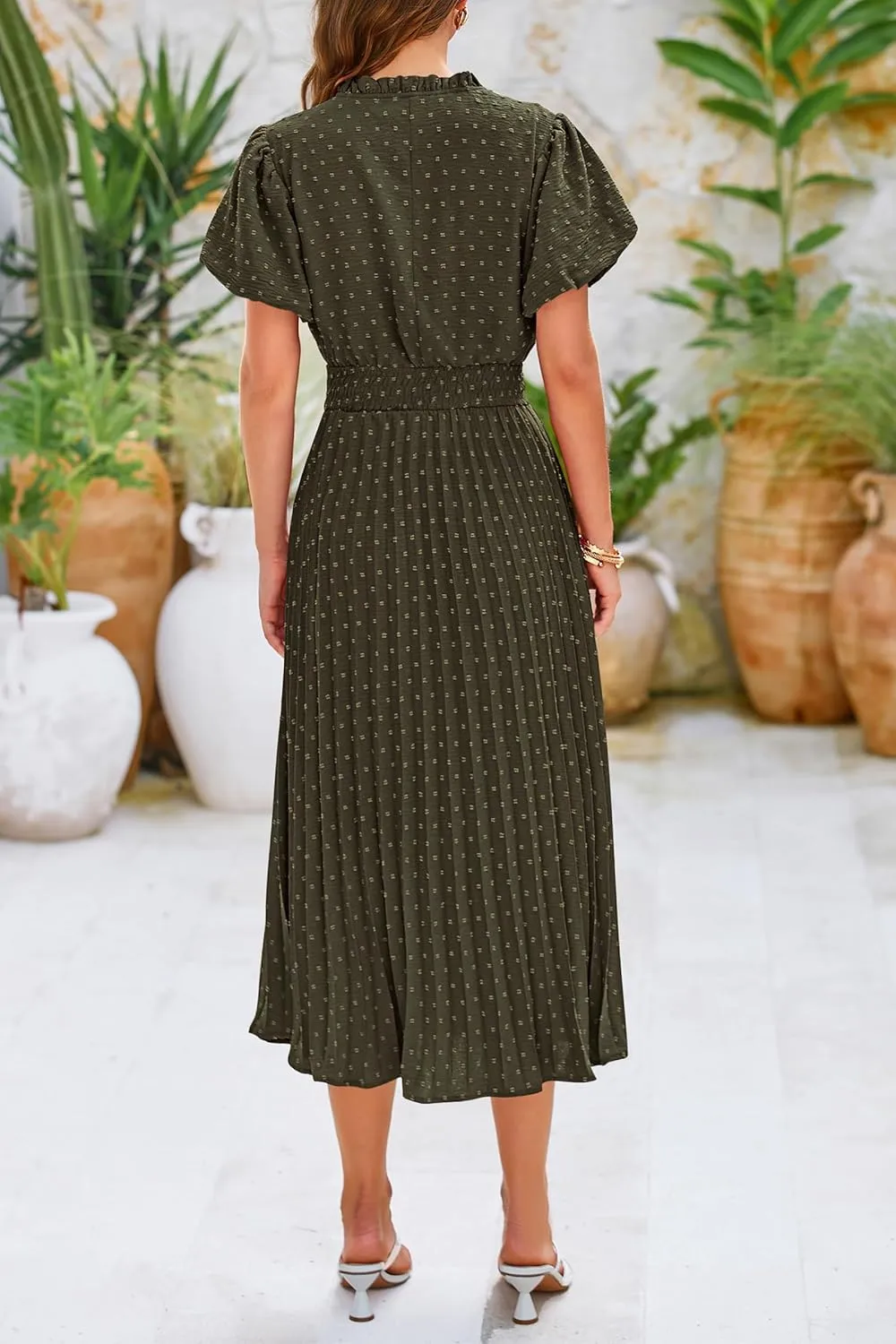 PRETTYGARDEN Womens Summer Midi Dresses Puff Short Sleeve V Neck Swiss Dot Pleated A Line Flowy Long Wedding Guest Dress