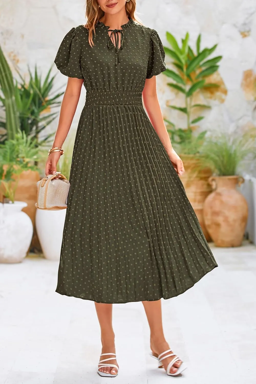PRETTYGARDEN Womens Summer Midi Dresses Puff Short Sleeve V Neck Swiss Dot Pleated A Line Flowy Long Wedding Guest Dress