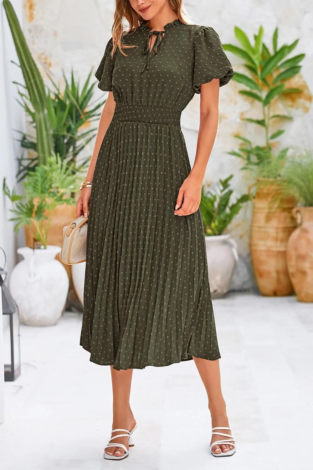 PRETTYGARDEN Womens Summer Midi Dresses Puff Short Sleeve V Neck Swiss Dot Pleated A Line Flowy Long Wedding Guest Dress