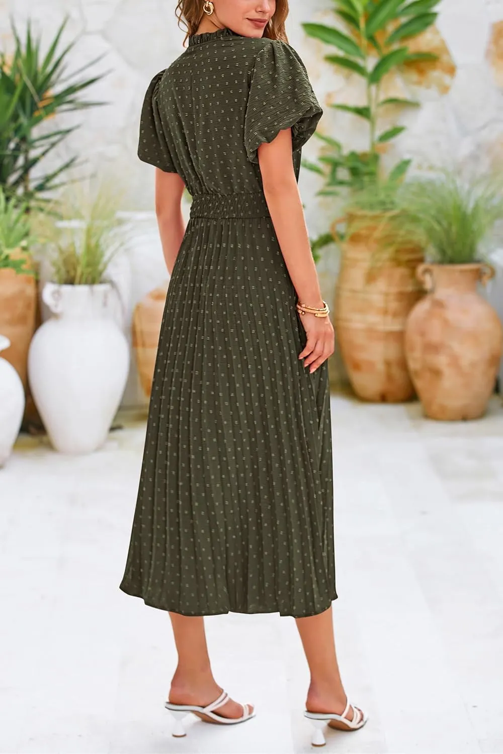 PRETTYGARDEN Womens Summer Midi Dresses Puff Short Sleeve V Neck Swiss Dot Pleated A Line Flowy Long Wedding Guest Dress