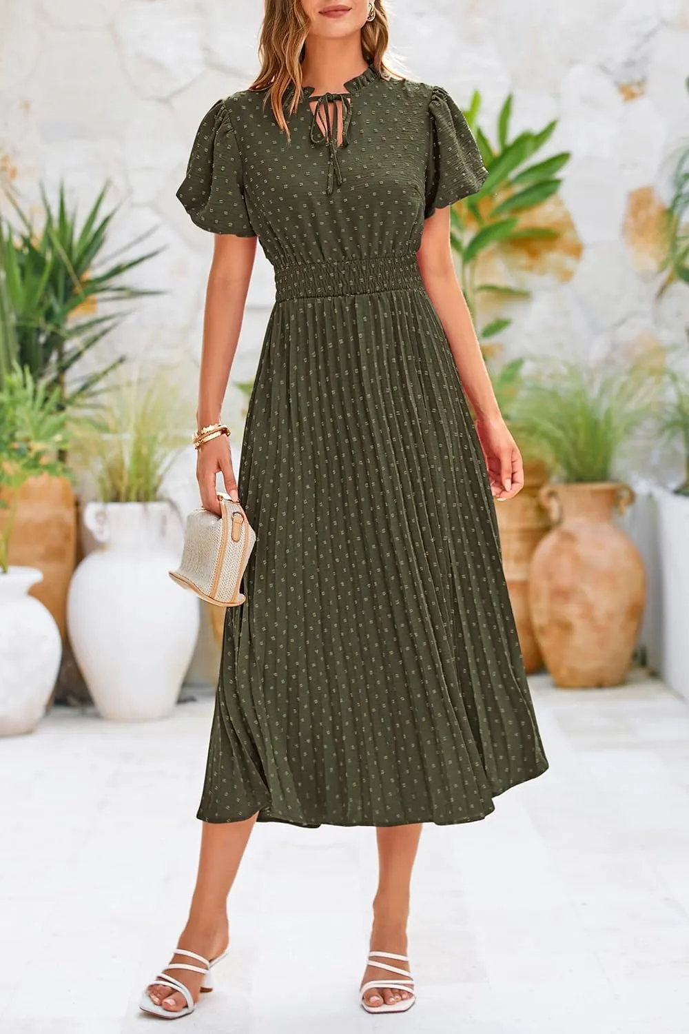 PRETTYGARDEN Womens Summer Midi Dresses Puff Short Sleeve V Neck Swiss Dot Pleated A Line Flowy Long Wedding Guest Dress