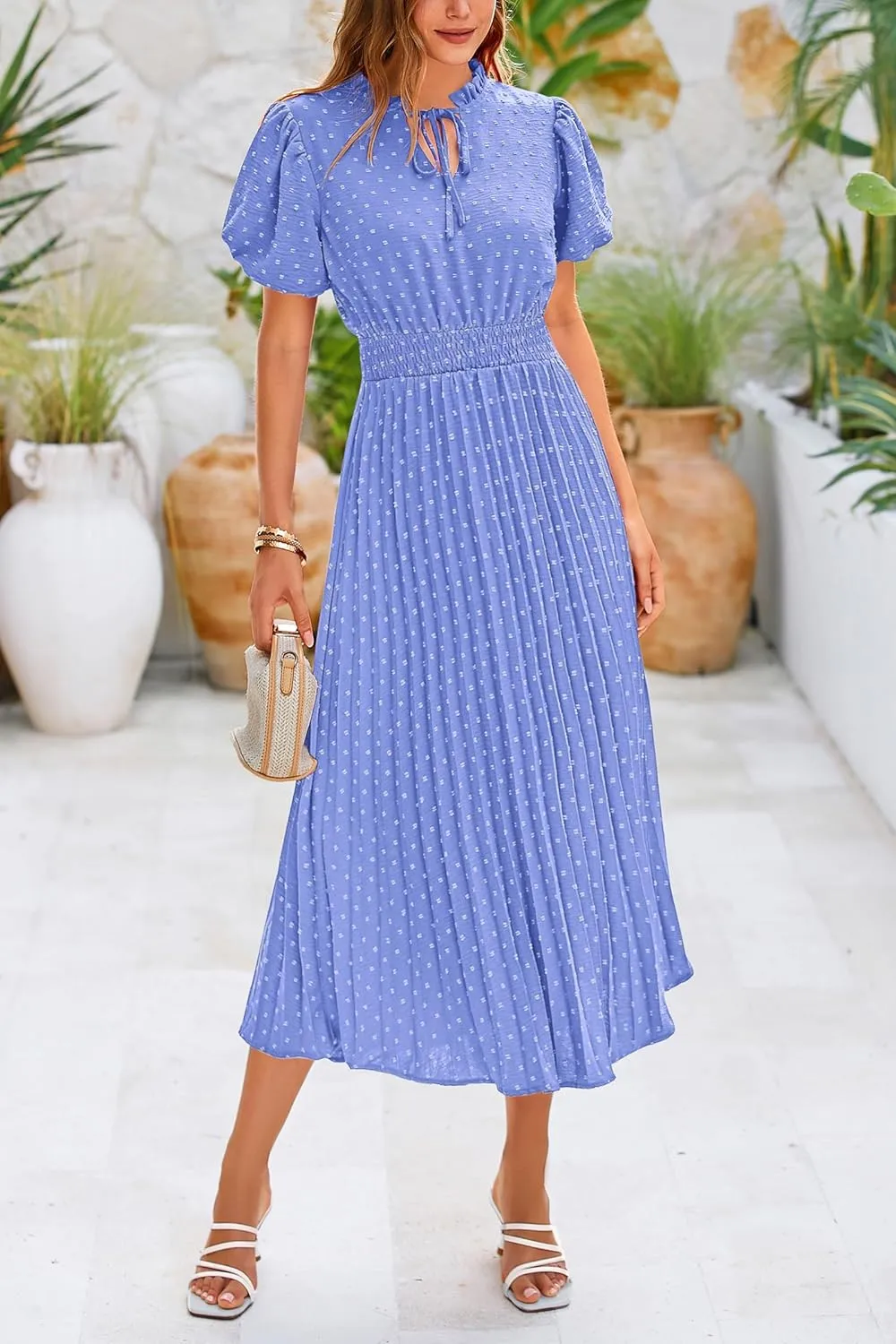 PRETTYGARDEN Womens Summer Midi Dresses Puff Short Sleeve V Neck Swiss Dot Pleated A Line Flowy Long Wedding Guest Dress