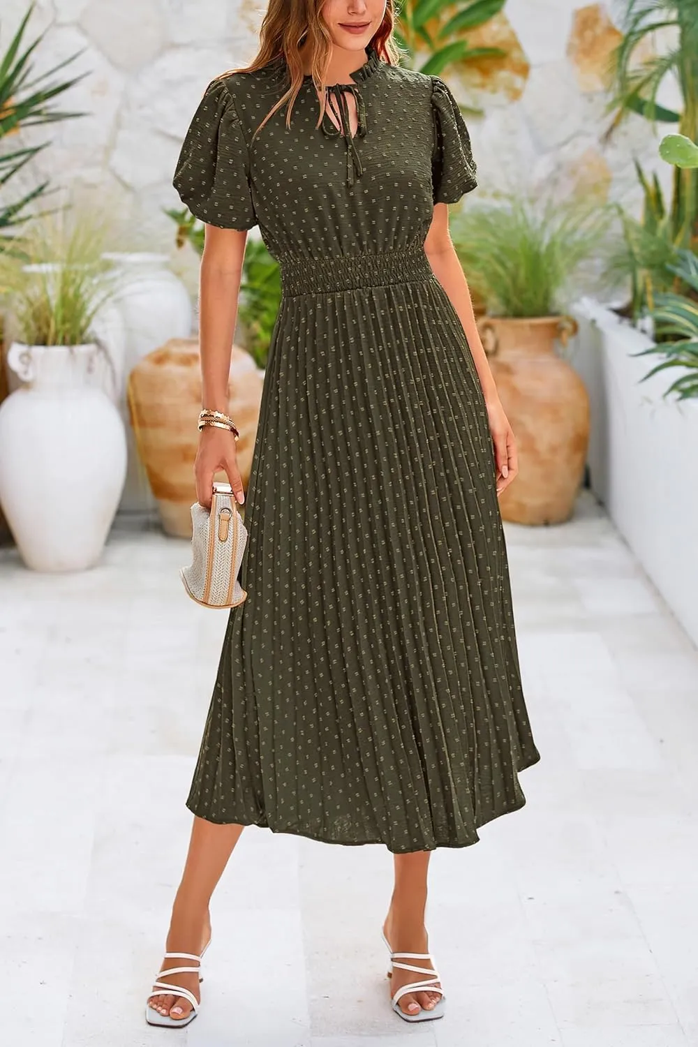 PRETTYGARDEN Womens Summer Midi Dresses Puff Short Sleeve V Neck Swiss Dot Pleated A Line Flowy Long Wedding Guest Dress