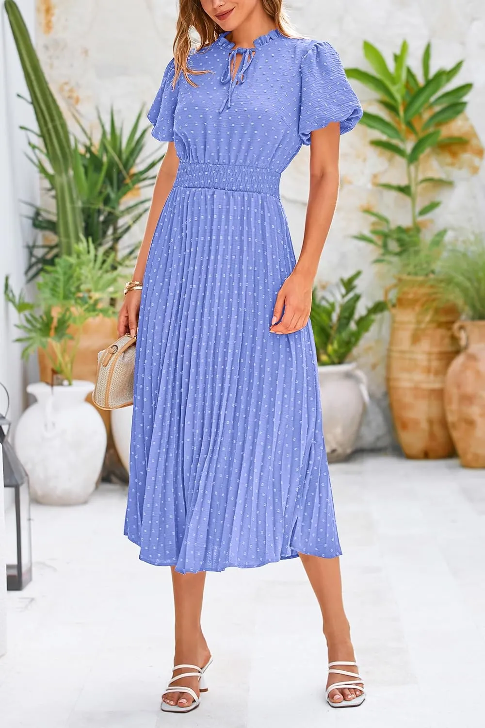 PRETTYGARDEN Womens Summer Midi Dresses Puff Short Sleeve V Neck Swiss Dot Pleated A Line Flowy Long Wedding Guest Dress