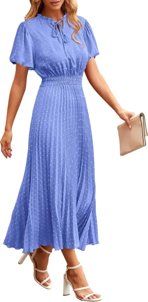 PRETTYGARDEN Womens Summer Midi Dresses Puff Short Sleeve V Neck Swiss Dot Pleated A Line Flowy Long Wedding Guest Dress