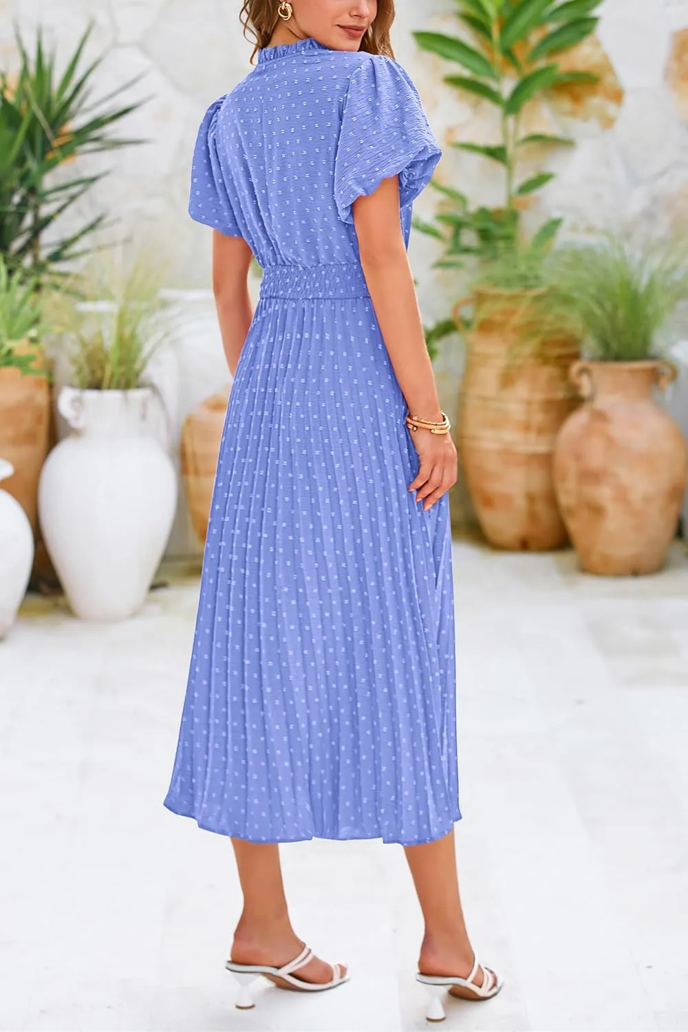 PRETTYGARDEN Womens Summer Midi Dresses Puff Short Sleeve V Neck Swiss Dot Pleated A Line Flowy Long Wedding Guest Dress