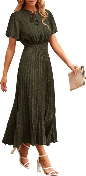 PRETTYGARDEN Womens Summer Midi Dresses Puff Short Sleeve V Neck Swiss Dot Pleated A Line Flowy Long Wedding Guest Dress