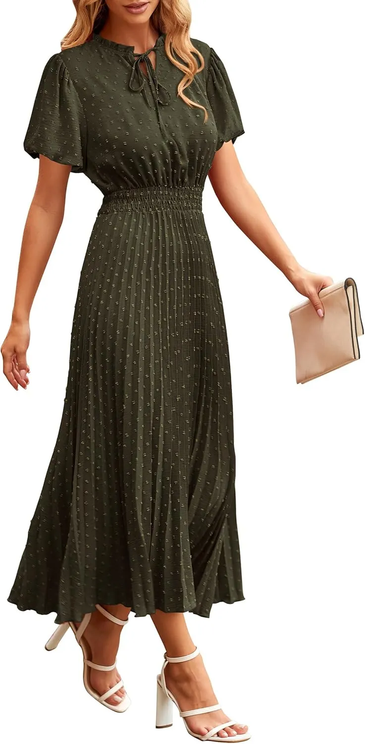 PRETTYGARDEN Womens Summer Midi Dresses Puff Short Sleeve V Neck Swiss Dot Pleated A Line Flowy Long Wedding Guest Dress