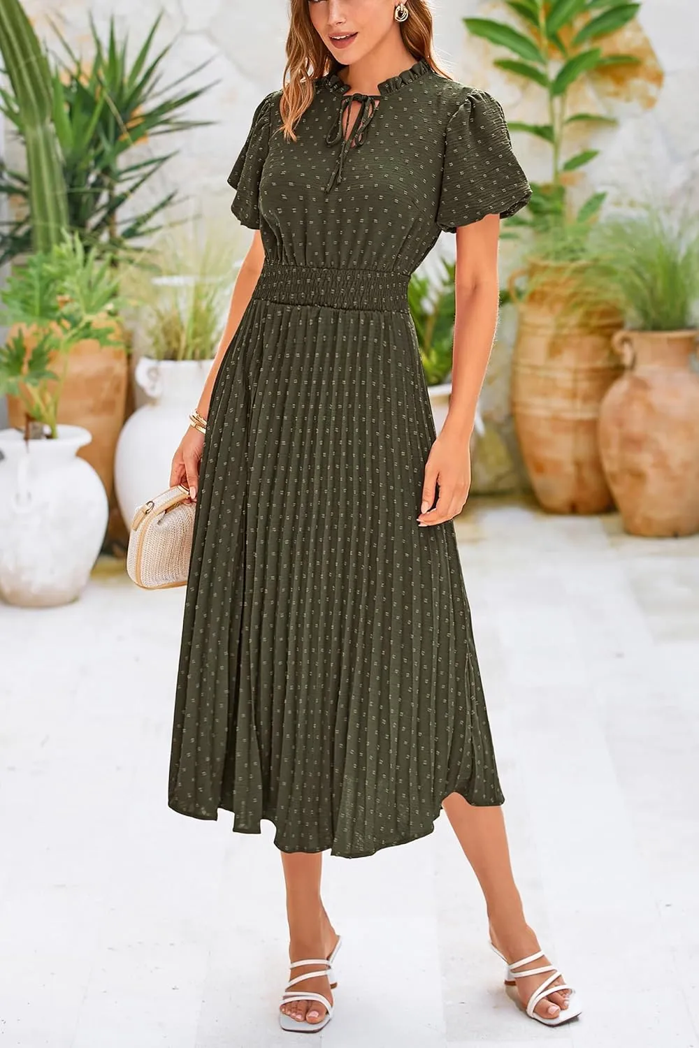 PRETTYGARDEN Womens Summer Midi Dresses Puff Short Sleeve V Neck Swiss Dot Pleated A Line Flowy Long Wedding Guest Dress