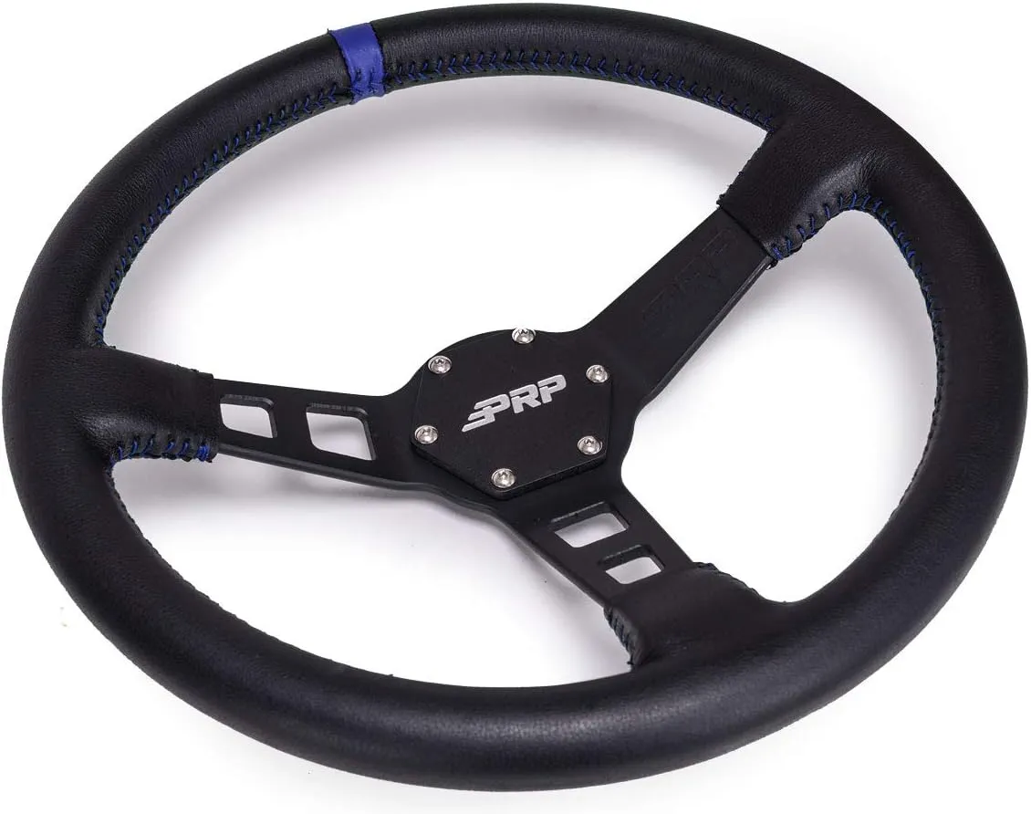 PRP Seats Deep Dish Steering Wheel with Leather Grip for Off-Road Racing, High-Strength Aluminum, Matte Black Finish, Universal 6 Point Bolt Pattern, 13" x 3" Dish (Blue)