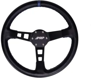 PRP Seats Deep Dish Steering Wheel with Leather Grip for Off-Road Racing, High-Strength Aluminum, Matte Black Finish, Universal 6 Point Bolt Pattern, 13" x 3" Dish (Blue)