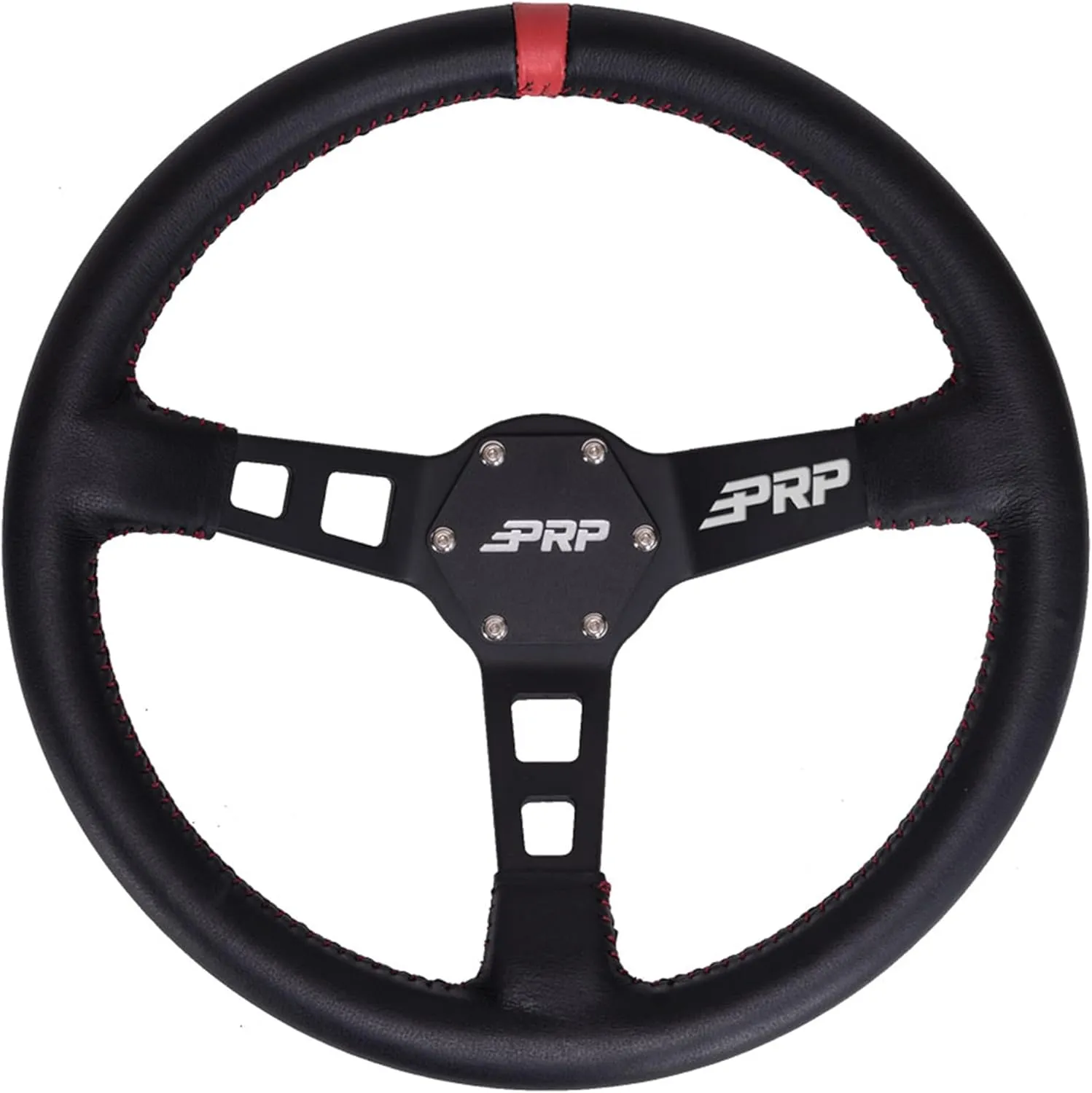 PRP Seats Deep Dish Steering Wheel with Leather Grip for Off-Road Racing, High-Strength Aluminum, Matte Black Finish, Universal 6 Point Bolt Pattern, 13" x 3" Dish (Red)