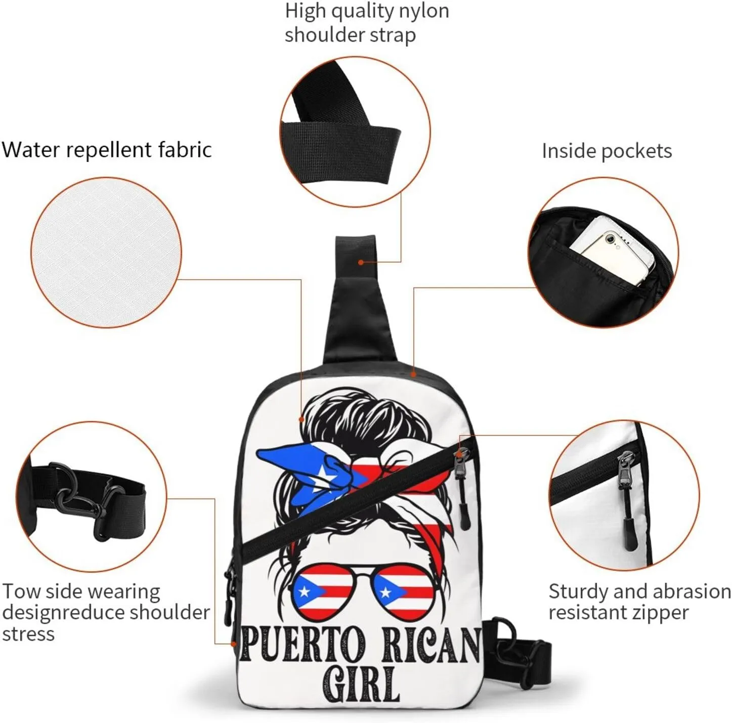 Puerto Rican Girl Messy Bun Portable Crossbody Bag Foldable Sling Bags Sports Gym Chest Daypack Reusable Shoulder Backpack Casual Diagonally Rucksack Fanny Packs