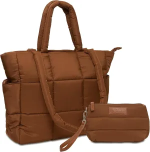 Puffer Tote Bag with Wristlet Set for Women - Polyester Shoulder Bag with Insert Pouch - Tote with PU Leather Strap