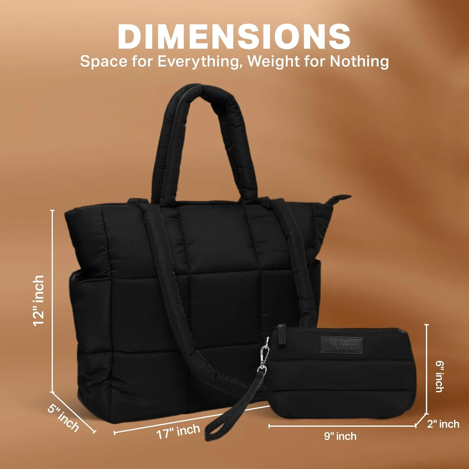 Puffer Tote Bag with Wristlet Set for Women - Polyester Shoulder Bag with Insert Pouch - Tote with PU Leather Strap