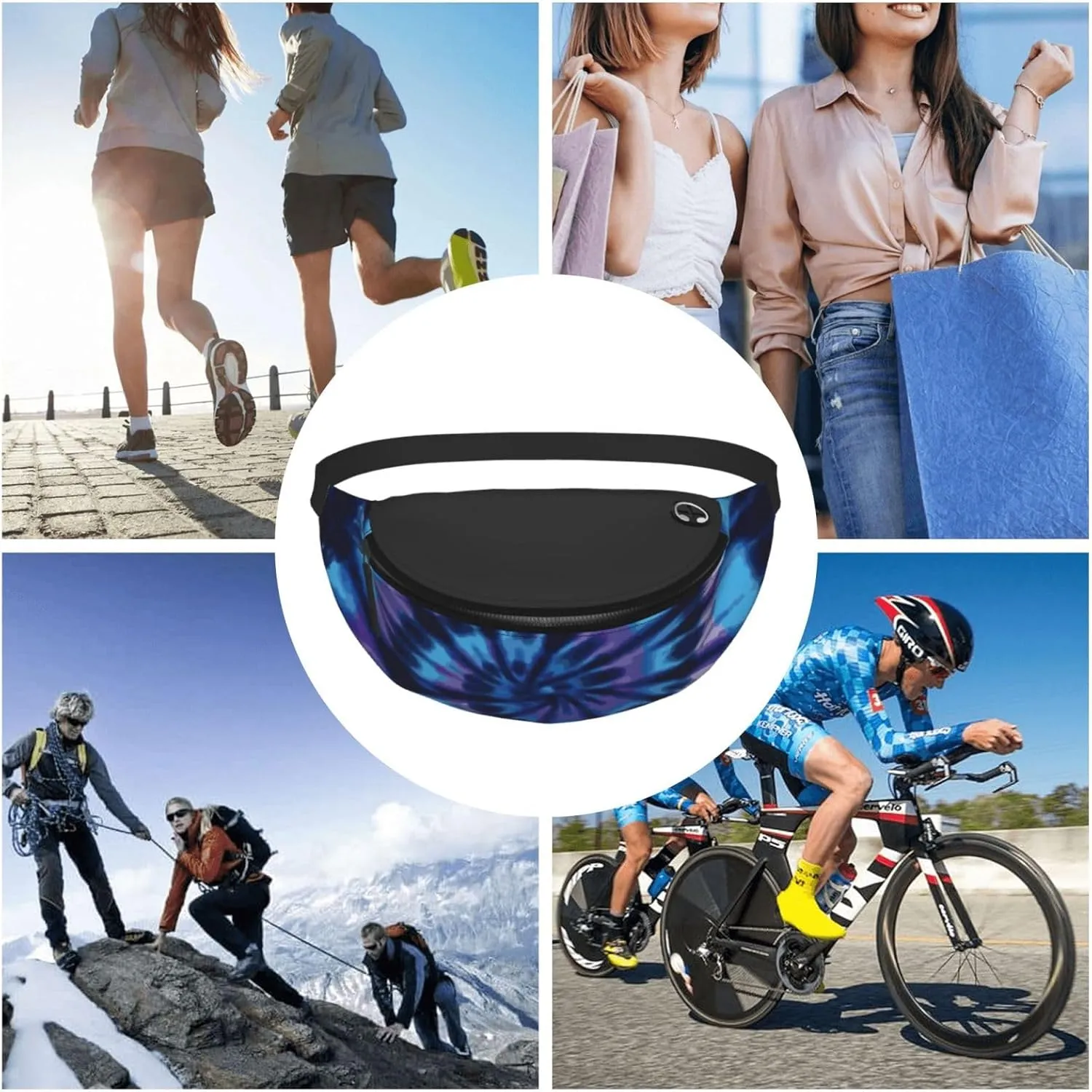 Purple Blue Rainbow Tie Dye Swirls Fashion casual fanny pack waist bag men women adjustable belt waist bag for travel hiking cycling running festival carnival