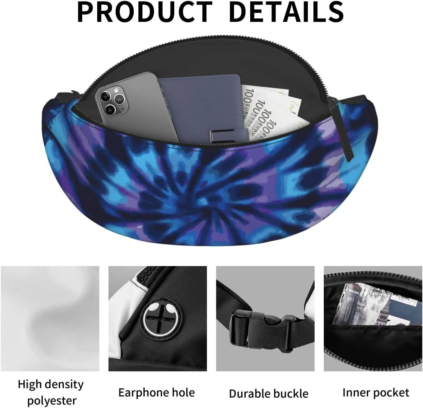 Purple Blue Rainbow Tie Dye Swirls Fashion casual fanny pack waist bag men women adjustable belt waist bag for travel hiking cycling running festival carnival
