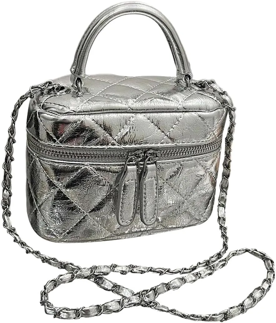 QWINEE Women's Silver Top Handle Crossbody Bag Small Crocodile Embossed Satchel Bag Mini Bucket Handbag