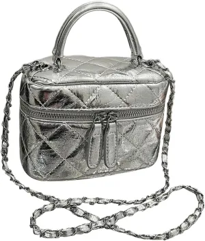 QWINEE Women's Silver Top Handle Crossbody Bag Small Crocodile Embossed Satchel Bag Mini Bucket Handbag