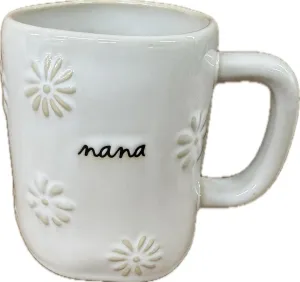 Rae Dunn Artisan Collection Ceramic Coffee Mug, White with Embossed Flowers, Nana