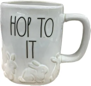 Rae Dunn Easter Coffee Mug, Hop To It, Off White with Bunnies