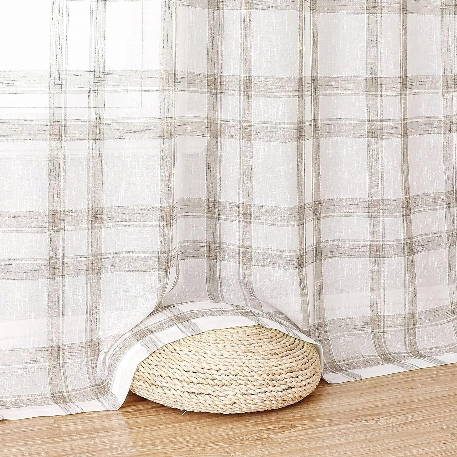 Randall White Brown Window Curtain Panel Pairs 84" Long for Living Room Linen Blend Semi Sheers Grommets Top Rustic Farmhouse Style Window Treatment Drape Sets for Bedroom 54"x84"x2, Brown/White