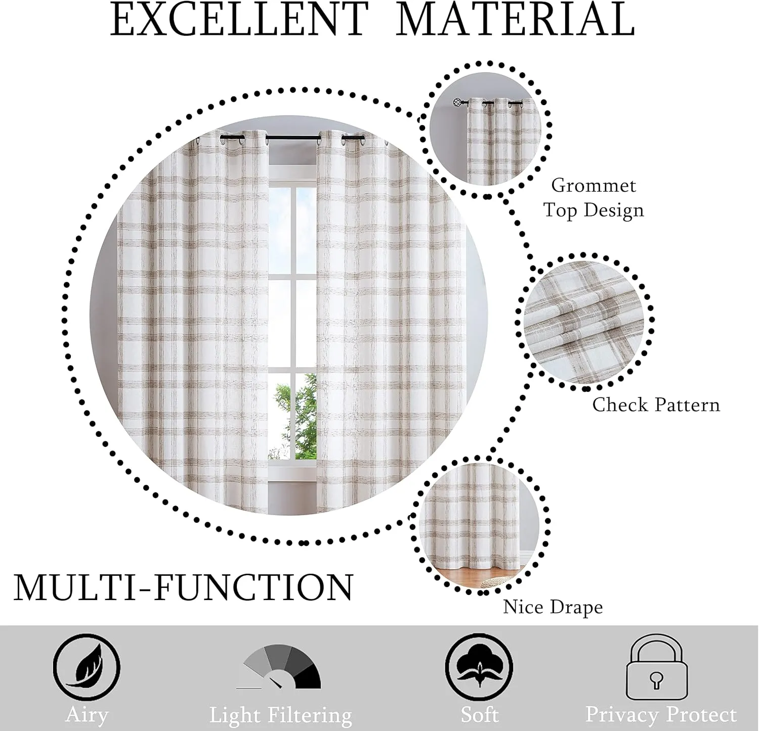 Randall White Brown Window Curtain Panel Pairs 84" Long for Living Room Linen Blend Semi Sheers Grommets Top Rustic Farmhouse Style Window Treatment Drape Sets for Bedroom 54"x84"x2, Brown/White
