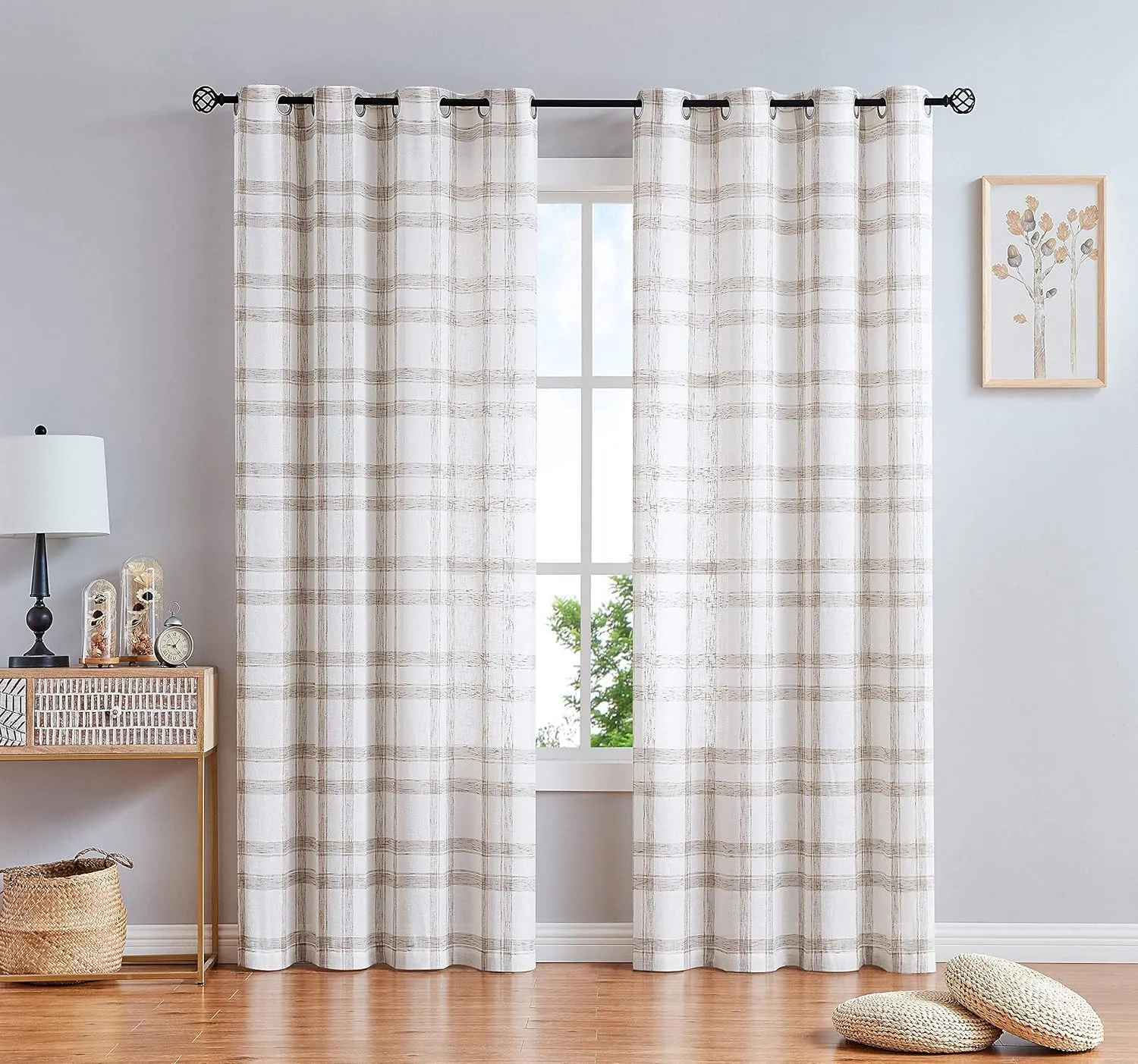 Randall White Brown Window Curtain Panel Pairs 84" Long for Living Room Linen Blend Semi Sheers Grommets Top Rustic Farmhouse Style Window Treatment Drape Sets for Bedroom 54"x84"x2, Brown/White