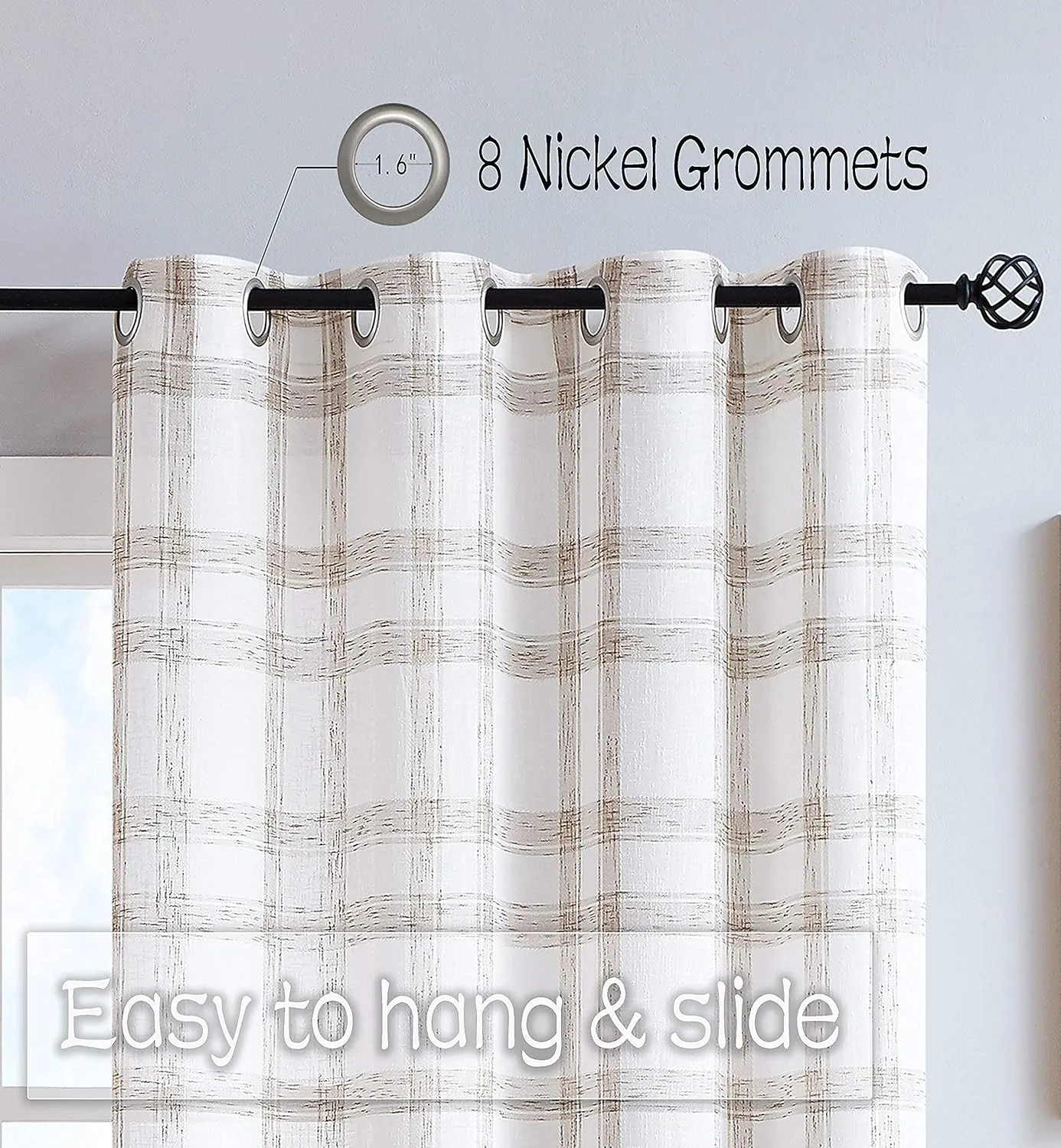 Randall White Brown Window Curtain Panel Pairs 84" Long for Living Room Linen Blend Semi Sheers Grommets Top Rustic Farmhouse Style Window Treatment Drape Sets for Bedroom 54"x84"x2, Brown/White