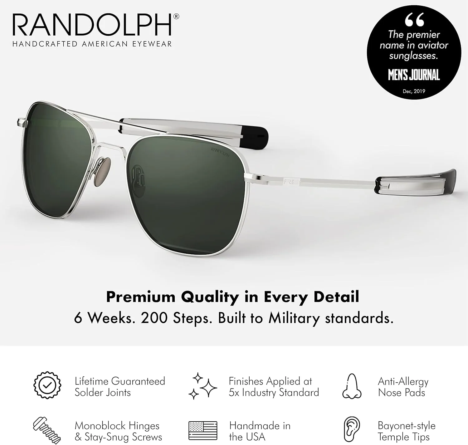 Randolph USA | 23k White Gold Classic Aviator Sunglasses for Men or Women 100% UV
