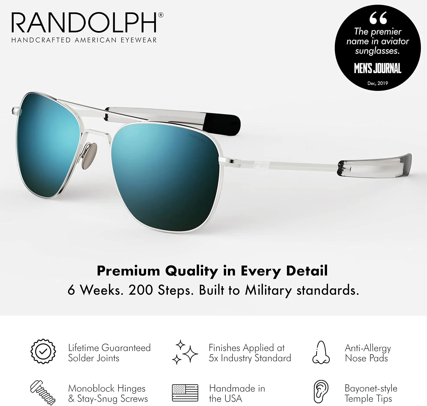 Randolph USA | 23k White Gold Classic Aviator Sunglasses for Men or Women 100% UV