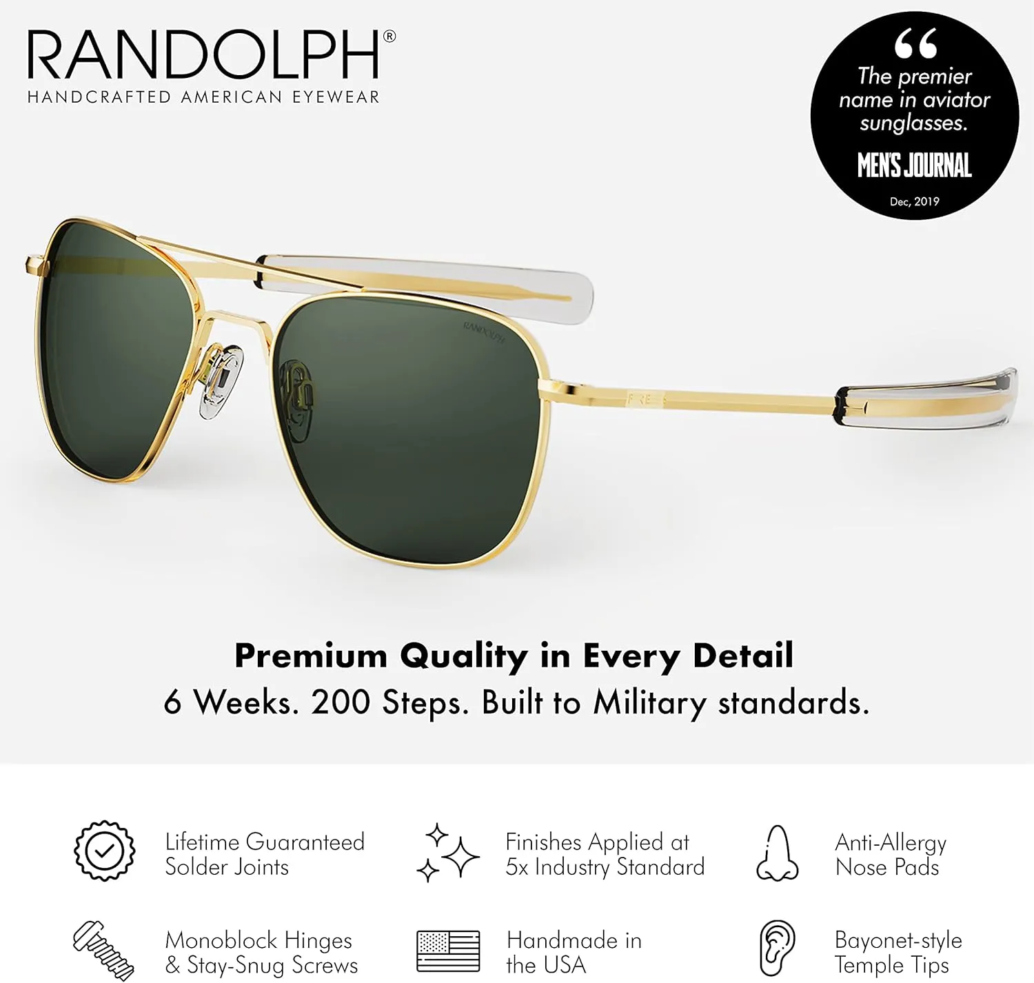Randolph USA | Gold Classic Aviator Sunglasses for Men or Women 100% UV
