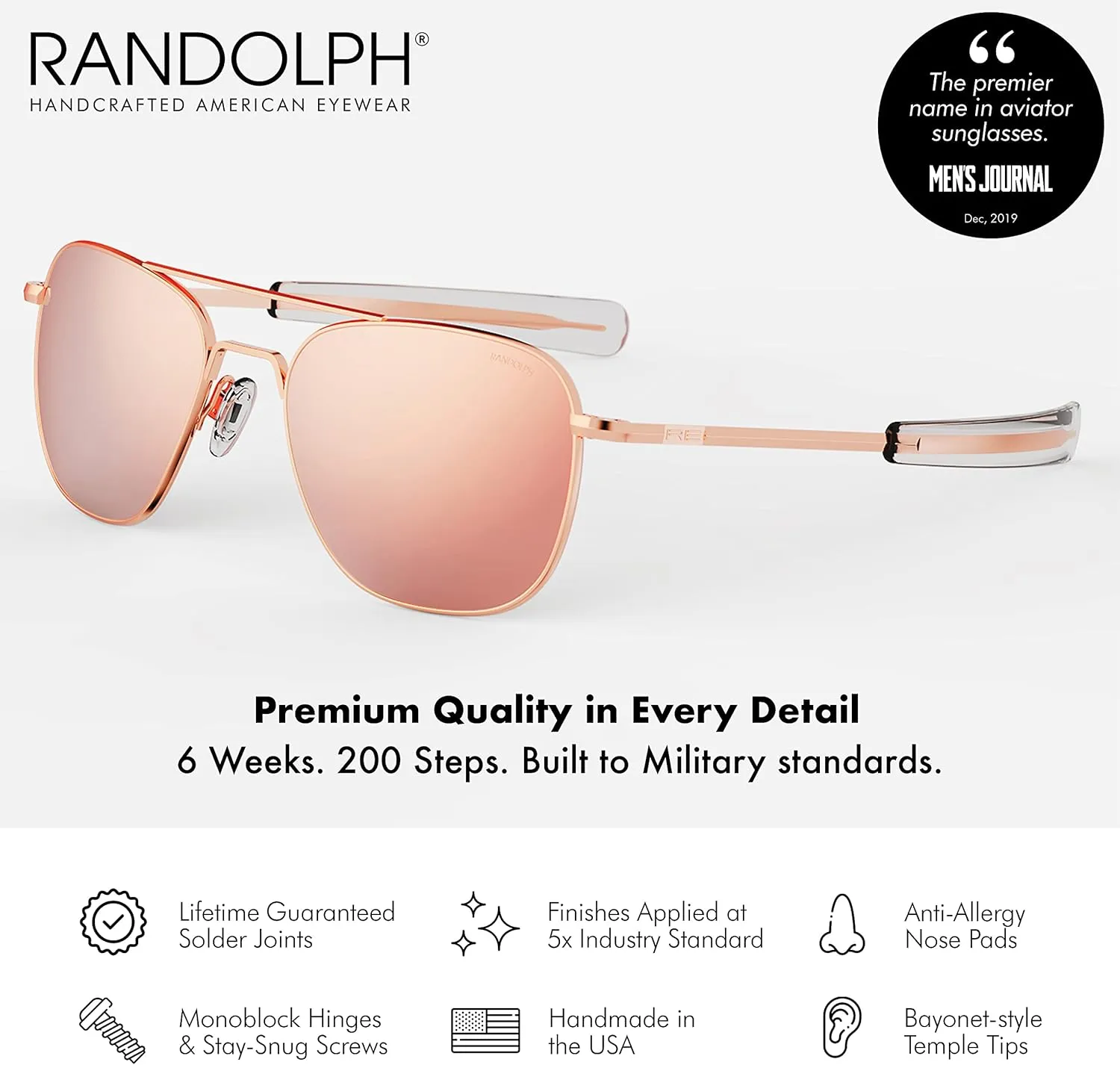 Randolph USA | Gold Classic Aviator Sunglasses for Men or Women 100% UV