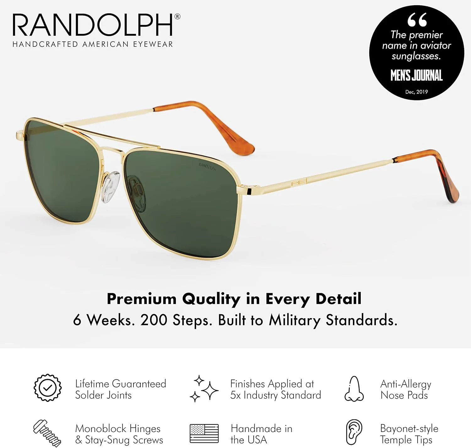 Randolph USA | Intruder Rectangular Classic Aviator Sunglasses for Men Non-Polarized 100% UV