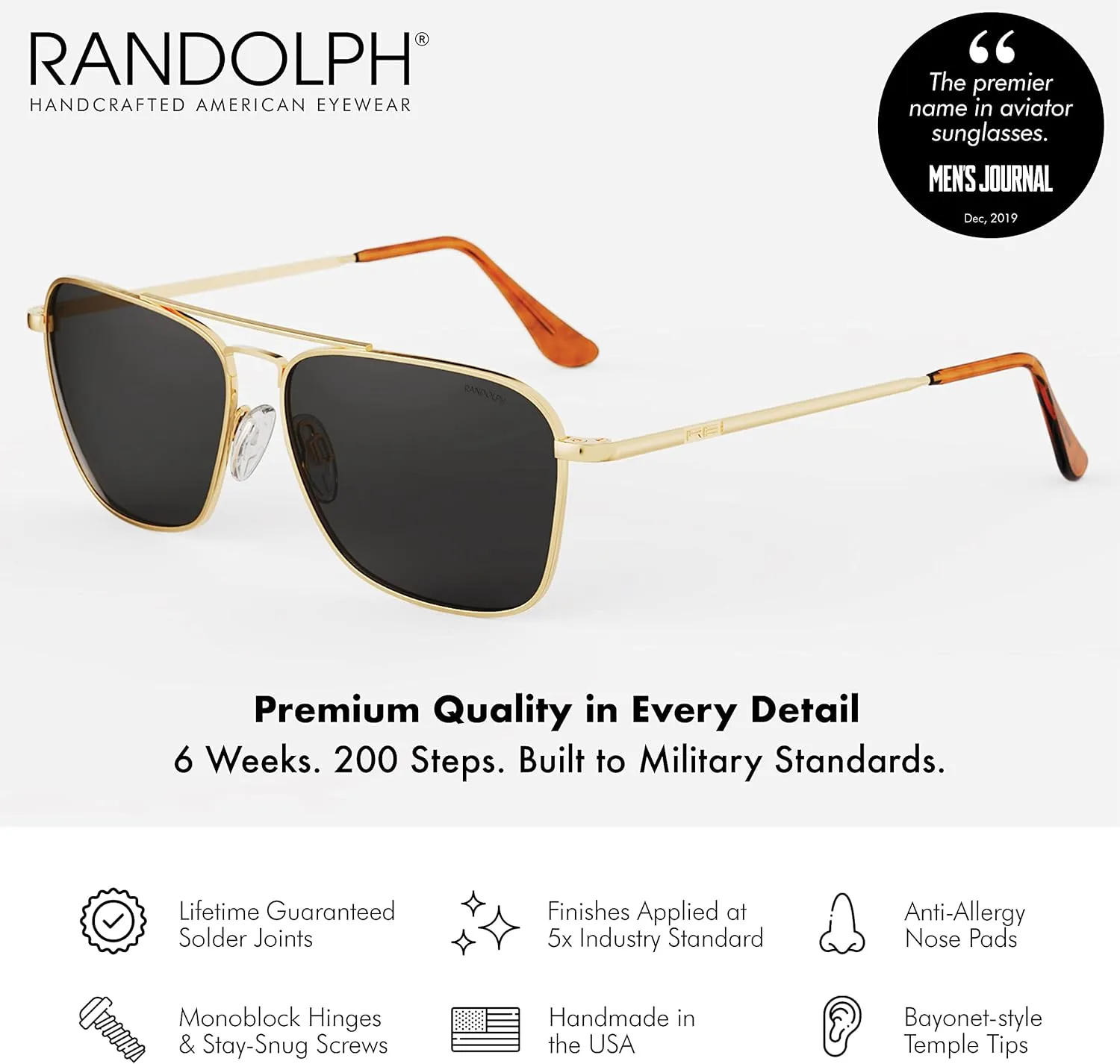 Randolph USA | Intruder Rectangular Classic Aviator Sunglasses for Men Non-Polarized 100% UV
