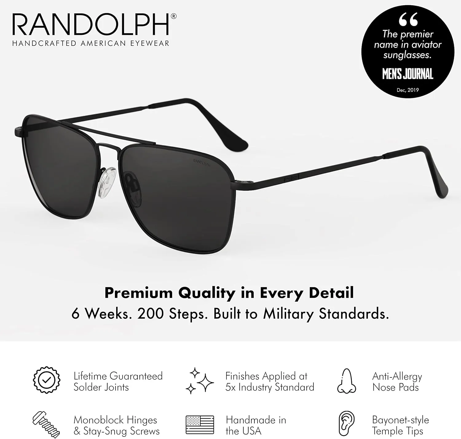 Randolph USA | Intruder Rectangular Classic Aviator Sunglasses for Men Non-Polarized 100% UV