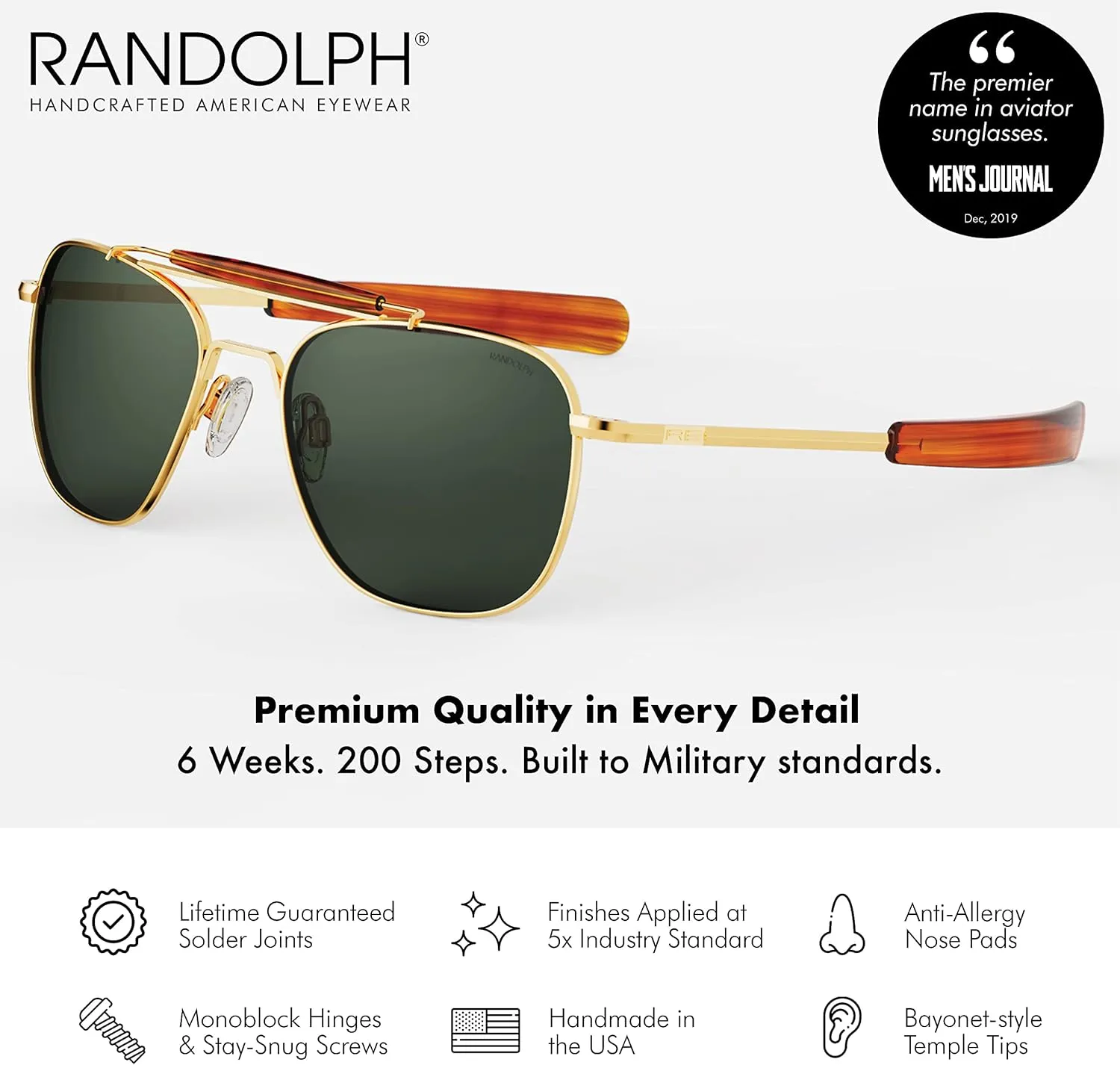 Randolph USA | Navigator Aviator II Authentic Sunglasses for Men Polarized 100% UV