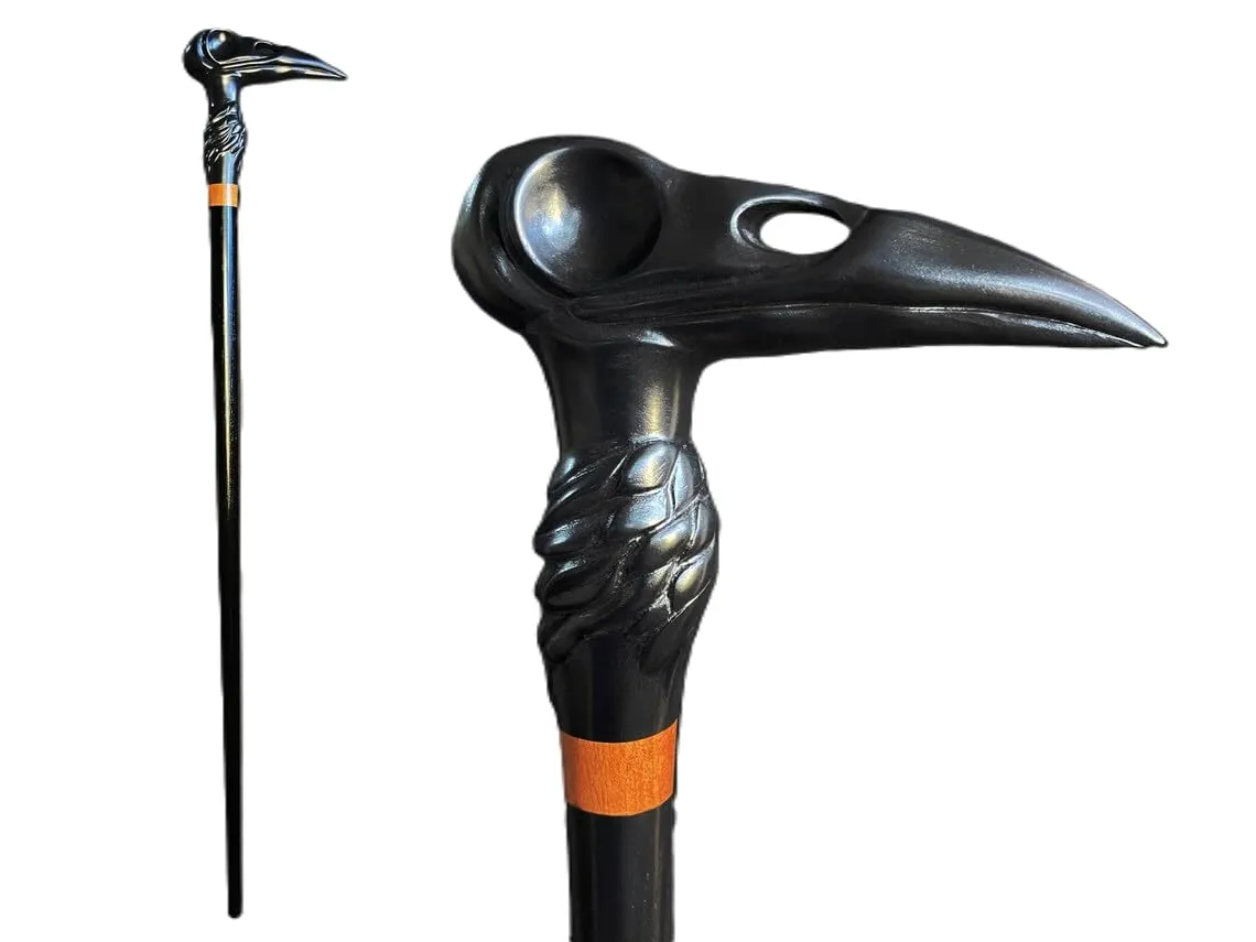 Rare Craved Cane Antique Black Raven Head Designer Premium Wooden Carved Walking Cane With Ergonomic Palm Grip Handle, Carved Beautiful Cane Wooden Walking stick Cane For Men, Women, Elderly People