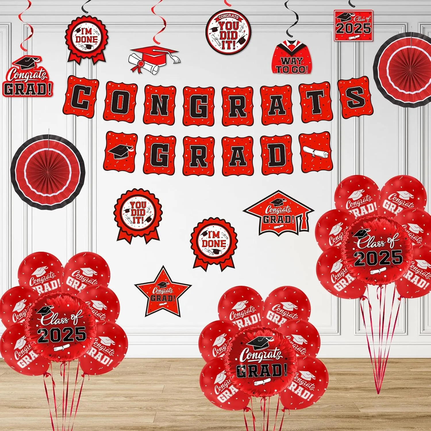 Red Themed 2025 Graduation Decorations Set - Congrats Grad Banner, Class of 2025 Backdrop, Balloons & Streamers Kit - Complete Party Supplies for High School & College Celebrations
