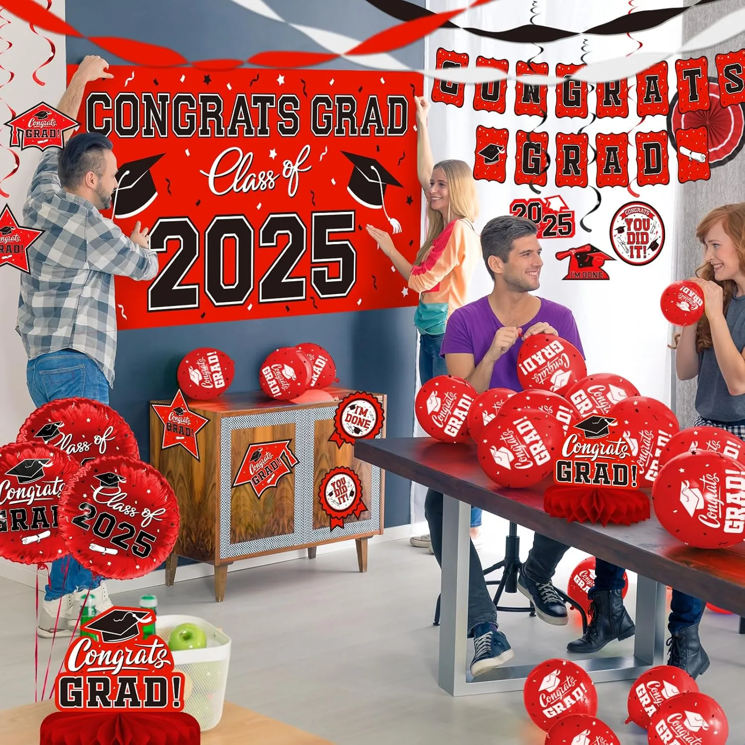 Red Themed 2025 Graduation Decorations Set - Congrats Grad Banner, Class of 2025 Backdrop, Balloons & Streamers Kit - Complete Party Supplies for High School & College Celebrations