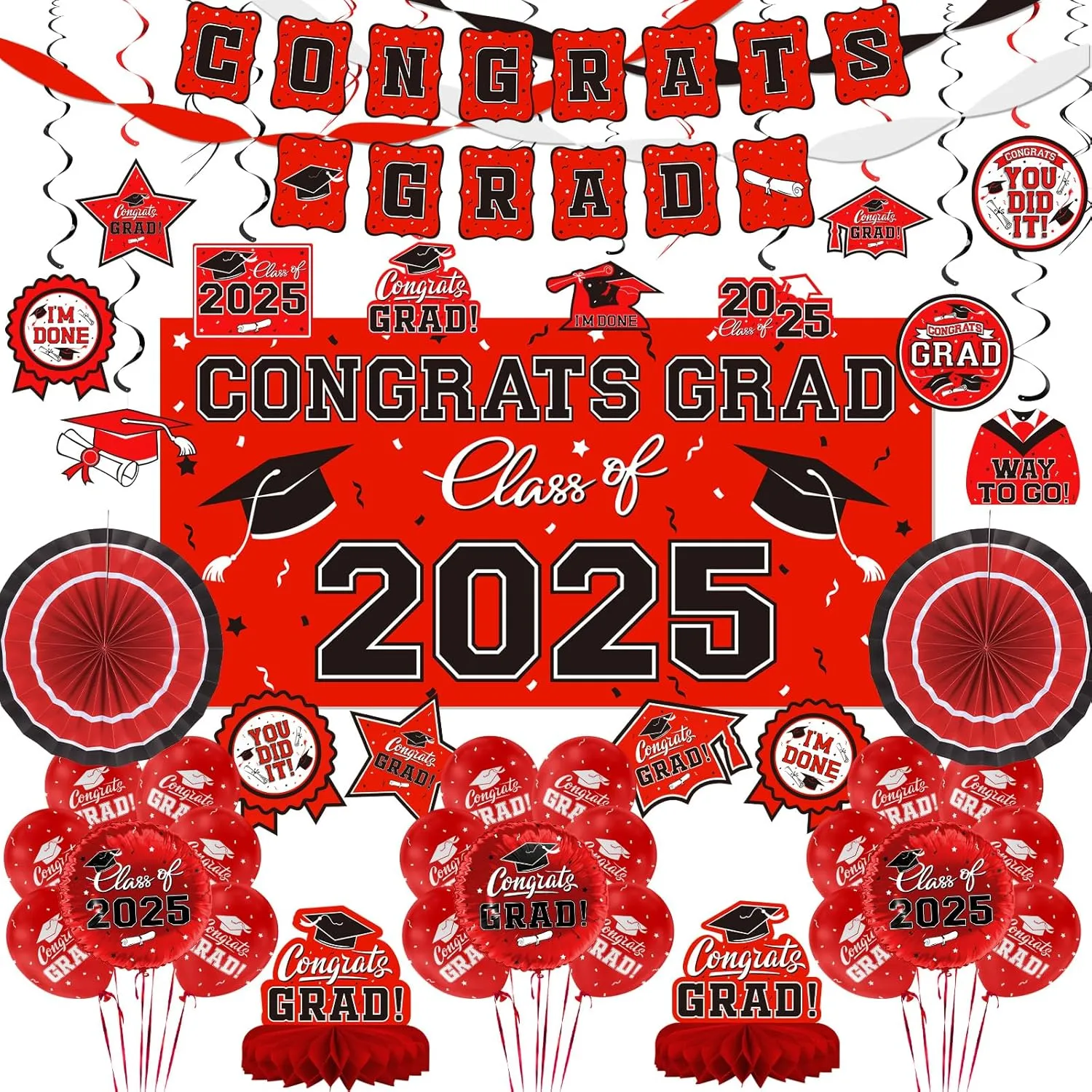 Red Themed 2025 Graduation Decorations Set - Congrats Grad Banner, Class of 2025 Backdrop, Balloons & Streamers Kit - Complete Party Supplies for High School & College Celebrations