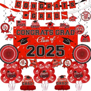 Red Themed 2025 Graduation Decorations Set - Congrats Grad Banner, Class of 2025 Backdrop, Balloons & Streamers Kit - Complete Party Supplies for High School & College Celebrations