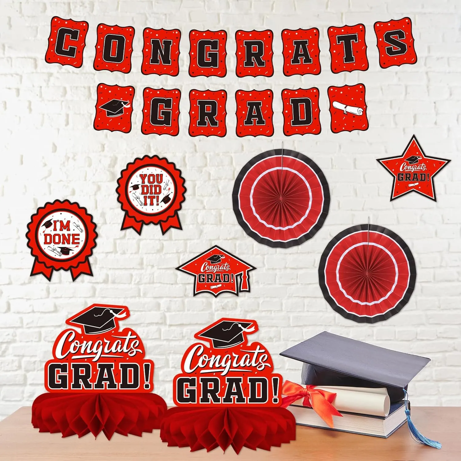 Red Themed 2025 Graduation Decorations Set - Congrats Grad Banner, Class of 2025 Backdrop, Balloons & Streamers Kit - Complete Party Supplies for High School & College Celebrations