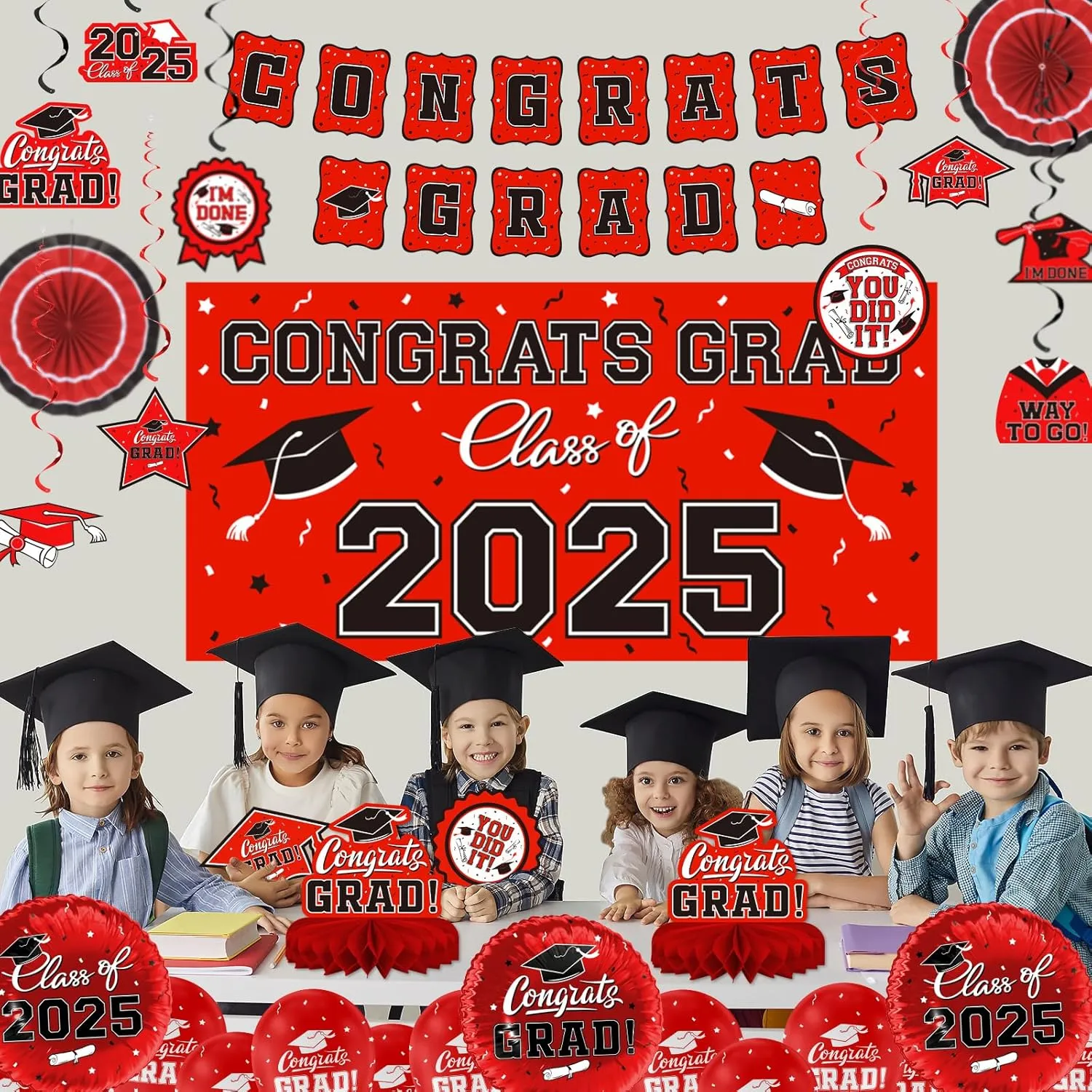 Red Themed 2025 Graduation Decorations Set - Congrats Grad Banner, Class of 2025 Backdrop, Balloons & Streamers Kit - Complete Party Supplies for High School & College Celebrations